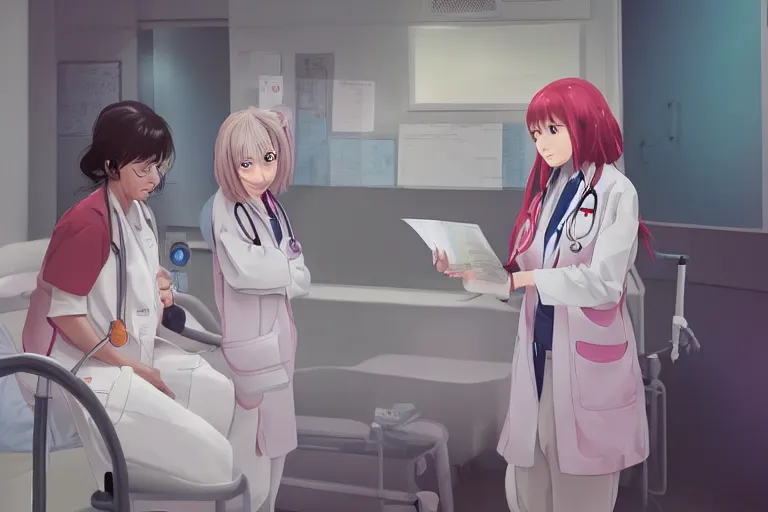 Image similar to a beautiful young female doctor wearing white coat are talking with a nurse wearing pink coat in a hospital ward, highly detailed, digital painting, slice of life anime, illustration, anime scenery by Makoto shinkai