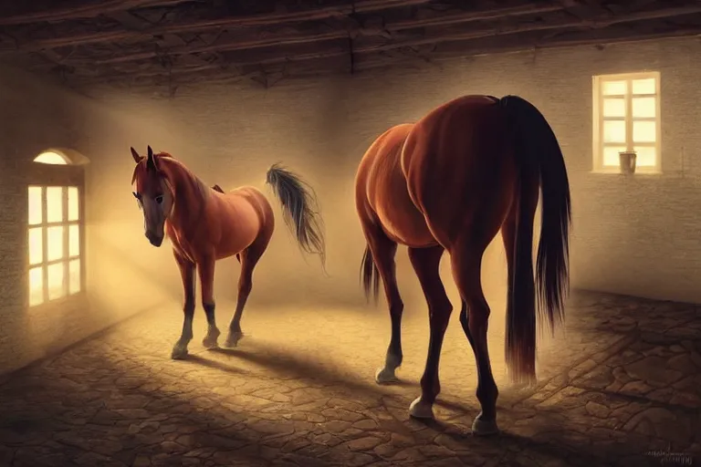 Image similar to A horse attempting to solve a jigsaw puzzle!!!, looking confused, cinematic lighting, evening light, stables, digital painting, volumetric light, concept art, trending on artstation