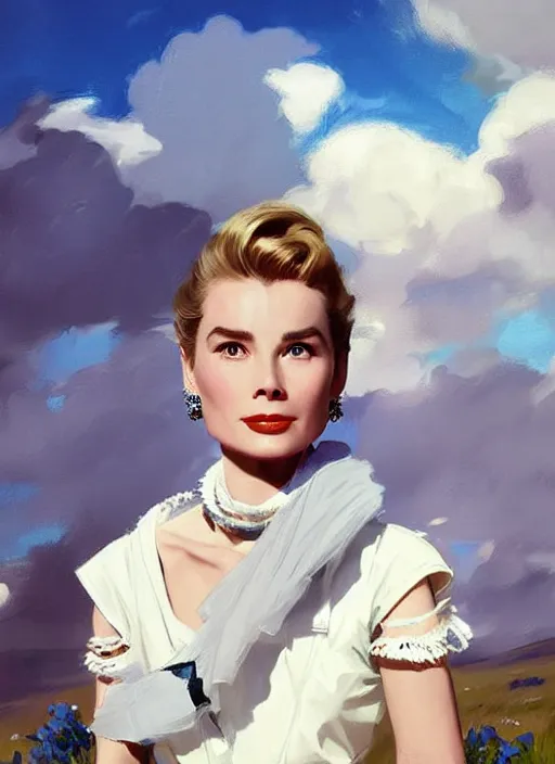 Image similar to A combination of Grace Kelly’s and Audrey Hepburn's appearance as Aloy from Horizon Zero Dawn, countryside, calm, fantasy character portrait, dynamic pose, above view, sunny day, thunder clouds in the sky, artwork by Jeremy Lipkin and Giuseppe Dangelico Pino and Michael Garmash and Rob Rey and Greg Manchess, very coherent asymmetrical artwork, sharp edges, perfect face, simple form, 100mm