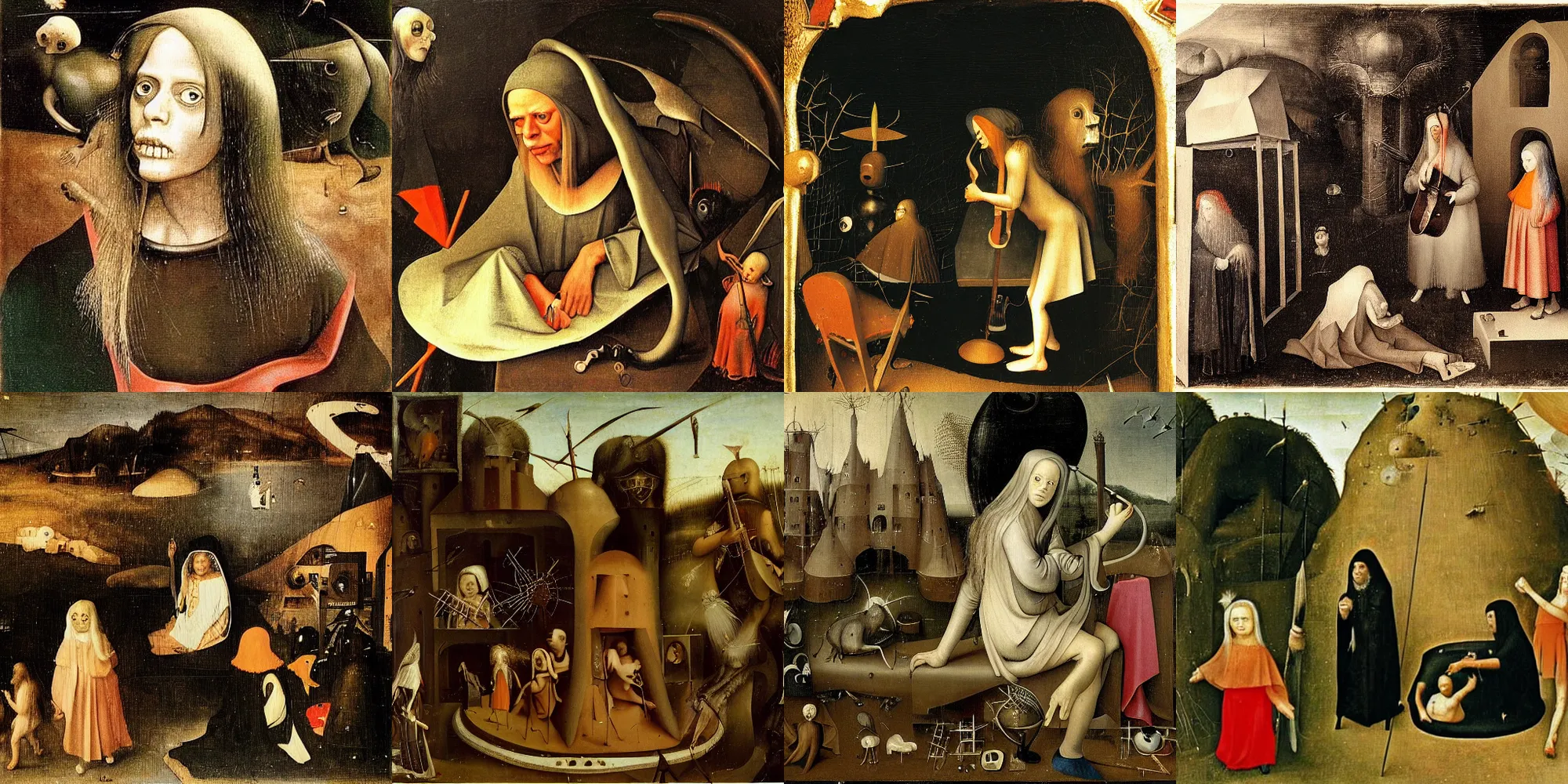 Prompt: cinematography of young Genesis P-Orridge on stage, painted by Hieronymus Bosch