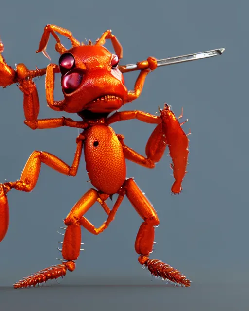 Image similar to an anthropomorphic fire ant fighting with a gun and a sword. Sharp focus, fantasy style, volumetric lighting, 8K hidg definition, highly detailed, trending on artstation