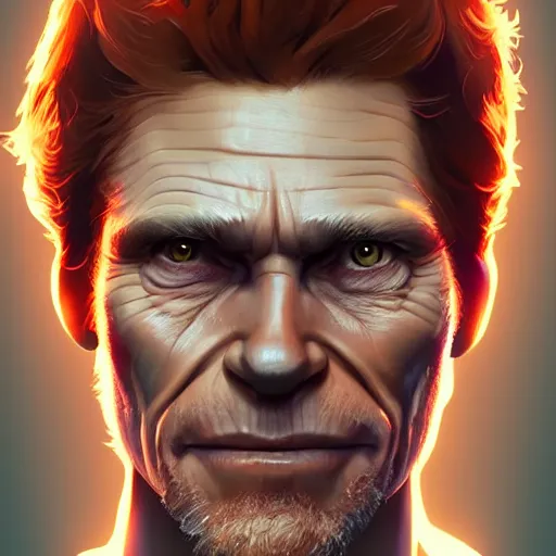 Image similar to Portrait of Willem Dafoe as the Sauron, horns under his cheek, mattepainting concept Blizzard pixar maya engine on stylized background splash comics global illumination lighting artstation lois van baarle, ilya kuvshinov, rossdraws