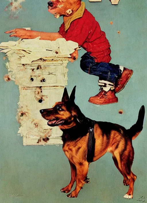 Image similar to a norman rockwell painting of an exploding dog