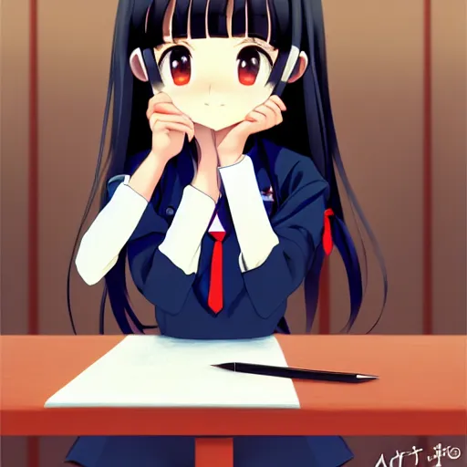 Prompt: a beautiful girl with long dark hair, wearing a school girl uniform, sitting in class at a desk, Japanese style classroom, daytime, sharp focus, intricate, digital painting, artstation, official media, anime key visual, highly detailed, rich vivid colors, ambient lighting, illustration, art by Artgerm, Makoto Shinkai, Ilya Kuvshinov, Lois Van Baarle, and Rossdraws