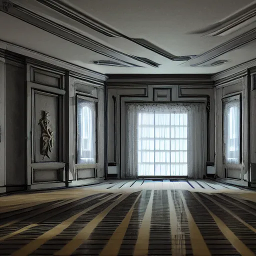 Prompt: liminal space interior of a vaporwave mansion high detail 3D rendered render in unreal engine 8K god rays volumetric lighting statues trending on art station
