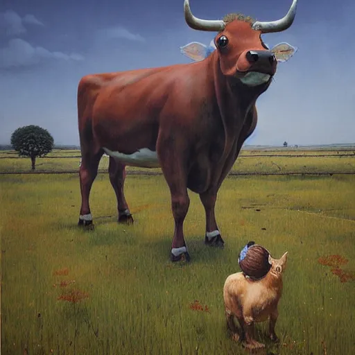 Prompt: photorealistic cow with cat head by Esao Andrews , Zdzislaw Beksinski