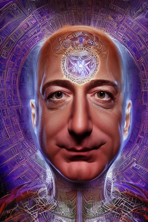 Prompt: cinematic portrait of a King Jeff Bezos. Centered, uncut, unzoom, symmetry. charachter illustration. Dmt entity manifestation. Surreal render, ultra realistic, zenith view. Made by hakan hisim feat cameron gray and alex grey. Polished. Inspired by patricio clarey, heidi taillefer scifi painter glenn brown. Slightly Decorated with Sacred geometry and fractals. Extremely ornated. artstation, cgsociety, unreal engine, ray tracing, detailed illustration, hd, 4k, digital art, overdetailed art. Intricate omnious visionary concept art, shamanic arts ayahuasca trip illustration. Extremely psychedelic. Dslr, tiltshift, dof. 64megapixel. complementing colors. Remixed by lyzergium.art feat binx.ly and machine.delusions. zerg aesthetics. Trending on artstation, deviantart