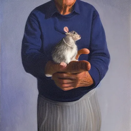 Prompt: A portrait of an old man holding a rat in his hand, dark, blue light, black gradient background, oil painting