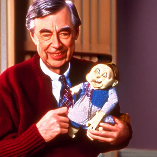 Prompt: Mr. Rogers holding a Chucky doll from the movie Child's Play from 1988 highly detailed 8k hdr