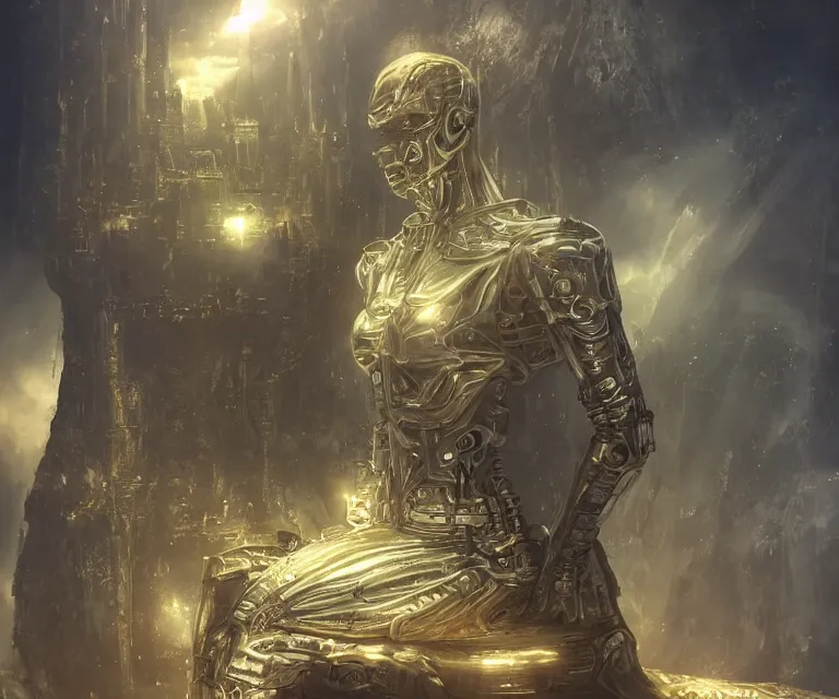 Prompt: translucent glowing cyborg sitting on a metal throne, futuristic castle as background, fantasy sci - fi, highly detailed, metallic, 2 0 0 mm focus