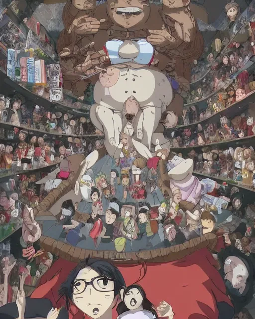 Image similar to weird adventures of fat otaku in hell, comic panels, graphic art, rgba, 8 k hd resolution, pinterest, dynamic character, 8 k character details, concept art, 8 k ultra realistic, intricate details, ultra detailed, reduce character duplication, in style of hayao miyazaki, by studio ghibli