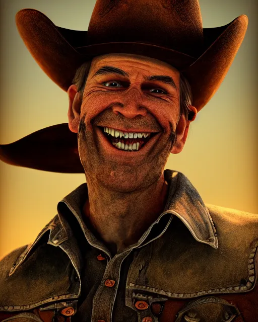 Image similar to portrait of a cursed grinning cowboy, ultra realistic, highly detailed, hd, sharp focus, cinematic lighting, shaded, mood lighting, realistic, photorealistic, vivid colors, painting, photograph, digital art, non blurry, sharp, smooth, illustration