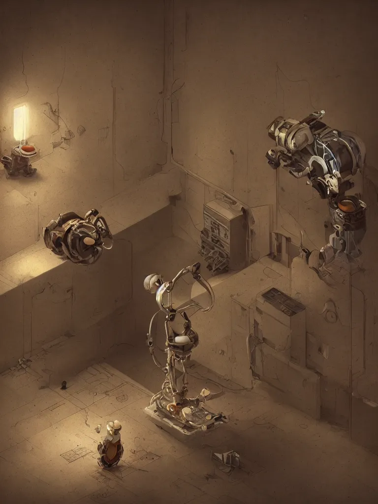 Prompt: insight in an empty room with a singular old mechanical empatic robot sitting lonely and sad in the corner, wide angle photography, cinematic, dim light, small spot light on robot, small depth of field, fresh colors, Esao Andrews, sharp focus, fresh colors, deviantart, conceptart