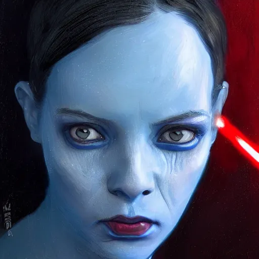 Image similar to portrait of an alien woman by Greg Rutkowski, blue skin, red eyes, black hair with two strand around her face, authority figure, secretary general of the galactic alliance, wearing black uniform, Star Wars Expanded Universe, highly detailed portrait, digital painting, artstation, concept art, smooth, sharp foccus ilustration, Artstation HQ