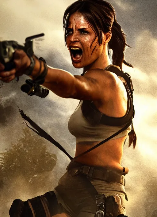 Image similar to a film still of lara croft screaming, her face sweat, direct sun light, close up potrait, cinematic,