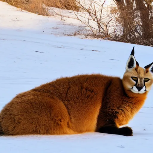 Image similar to photo still of drunk sleepy fat chubby caracal, lying on ice, big stomach, fullbody, sunny winter day