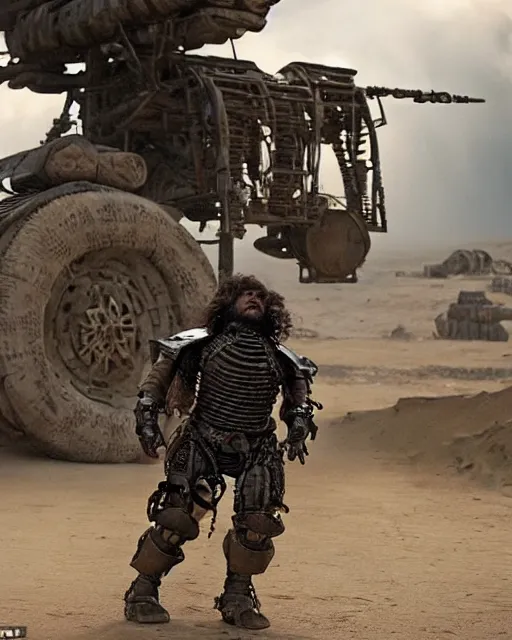 Image similar to a legless dwarf named master is strapped to the back of a mindless armored warrior called blaster, whom he rides like a horse. together they are known as master blaster. in the style of mad max beyond the thunderdome and director george miller, cinematic