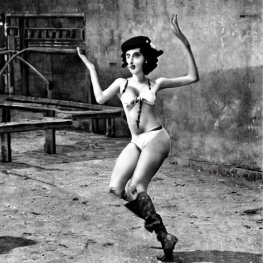 Prompt: shantae dancing in prison camp, wwii, exotic dancer, full color photo