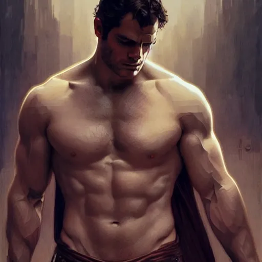 Image similar to Henry Cavill is a Greek god, gorgeous, amazing, muscular, intricate, elegant highly detailed, digital painting, artstation, concept art, sharp focus, illustration, art by artgerm, greg rutkowski, alphonse mucha