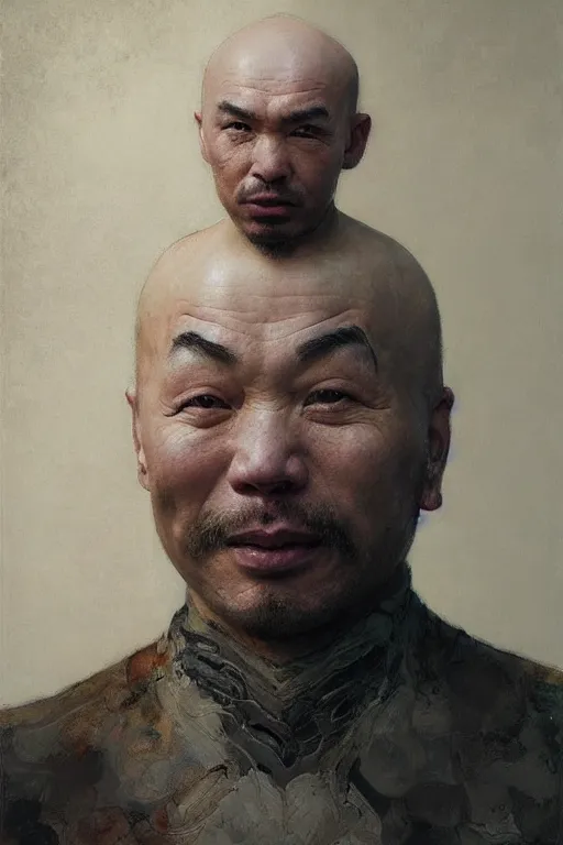 Image similar to creative bald kazakh guy with a short beard, painted by ruan jia, raymond swanland, lawrence alma tadema, zdzislaw beksinski, norman rockwell, jack kirby, tom lovell, alex malveda, greg staples