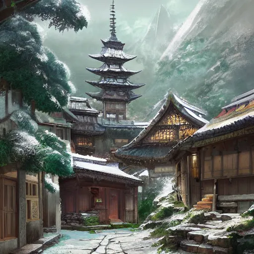 Image similar to concept art painting of a cozy village in a mountainous forested valley, historic european and japanese architecture, realistic, detailed, cel shaded, in the style of makoto shinkai and greg rutkowski and james gurney