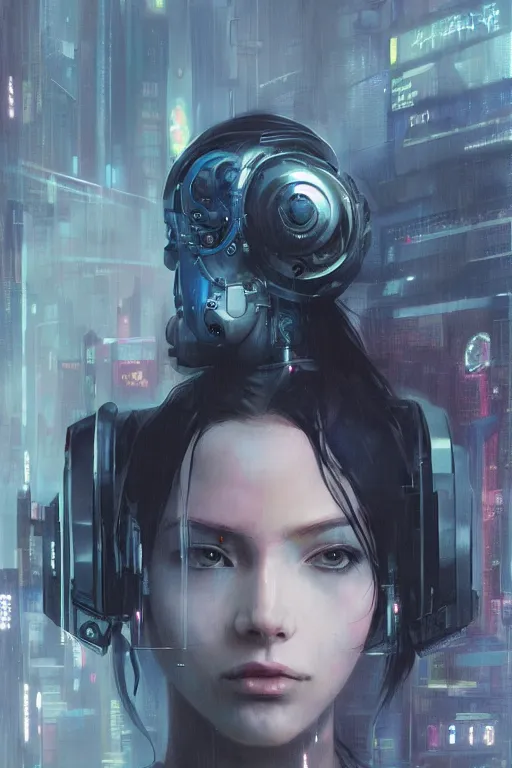 Prompt: cyberpunk cyborg beautiful girl, finely detailed features, cyborg robot parts, futuristic vr headset, blade runner, dramatic cinematic, at cloud city, ghost in the shell, akira, odeo, cinematic lighting, in danger, noir, trending on pixiv fanbox, painted by greg rutkowski, makoto shinkai, takashi takeuchi,