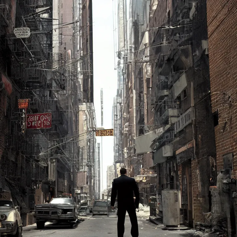 Prompt: scene from gta iv featuring the phrase'here we go again '. professional photography. live actor reenactment of the scene. shot from behind in an alleyway with the city streets in the distance. character walks hastily toward the nyc type city.