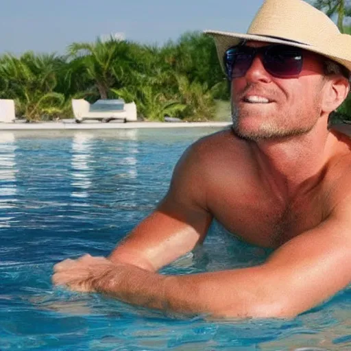 Prompt: photo of a 4 0 year old white man living the best life possible. he looks young for his age. women in bikinis can be seen behind him, it's as if he were in a music video and didn't know it.