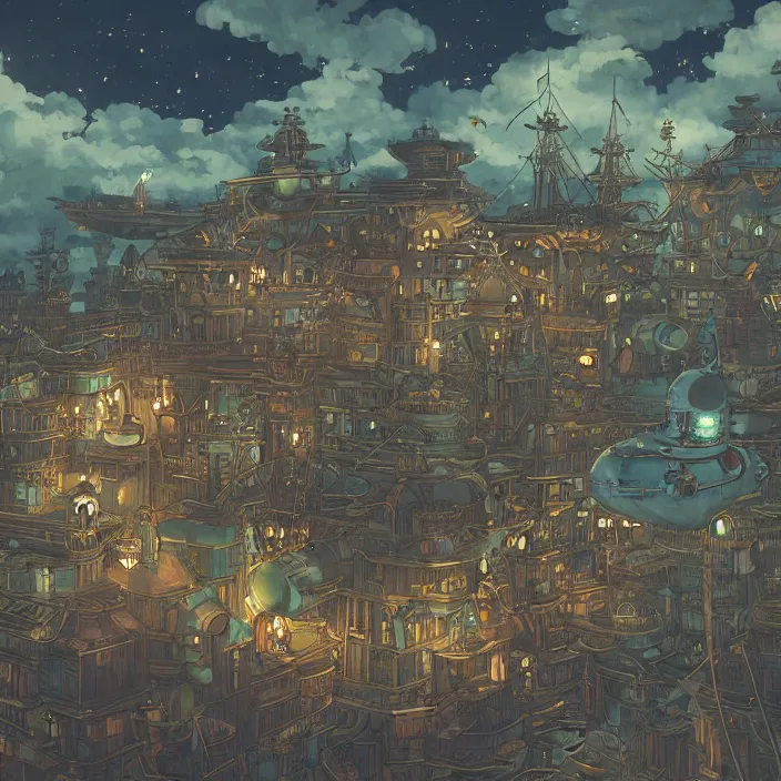 Image similar to a floating city in a night sky, with a steampunk aesthetic and dirigibles floating in the air. inspired by the works of Hayao Miyazaki, Laura Sighed, and Studio Ghibli. Aetherpunk, cityscape, detailed, high contrast, bright colors, inspired by Studio Ghibli, art by Laura Sighed, digital painting, 4k