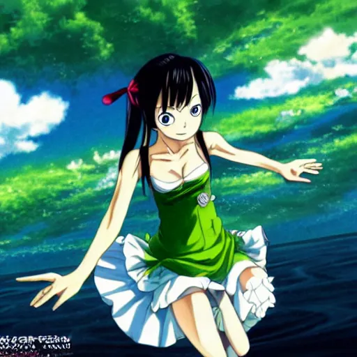 Image similar to anime, girl, green dress, flying, one piece, by eiichiro oda