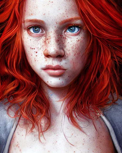 Image similar to portrait of 1 4 - year - old girl with flaming red hair, a lot of freckles, and bright brown eyes, wearing shirt, hyper realistic face, beautiful eyes, character art, art by mark brooks, hyperdetailed, cryengine, trending on artstation, digital art