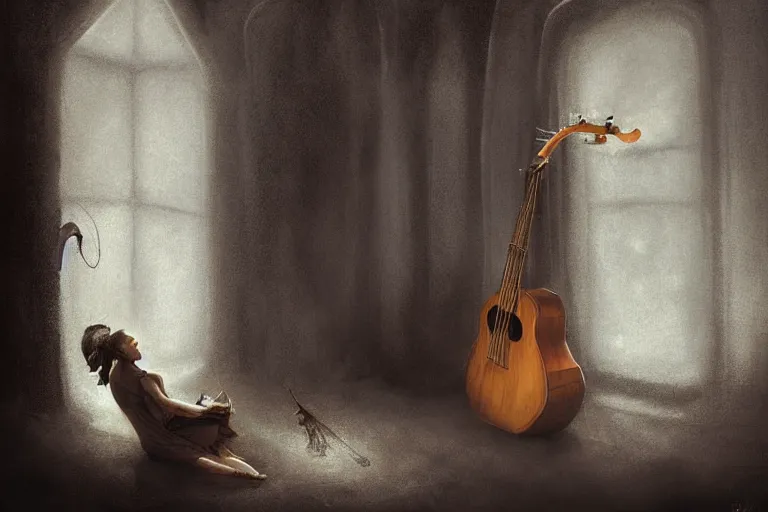 Image similar to an empty brutalist chamber, lonely, somber, a cursed lute, oud, guitar by brian froud leans against the wall alone, abandoned. a thin wisp of smoke rises from the lute. late afternoon lighting cinematic fantasy painting by jessica rossier