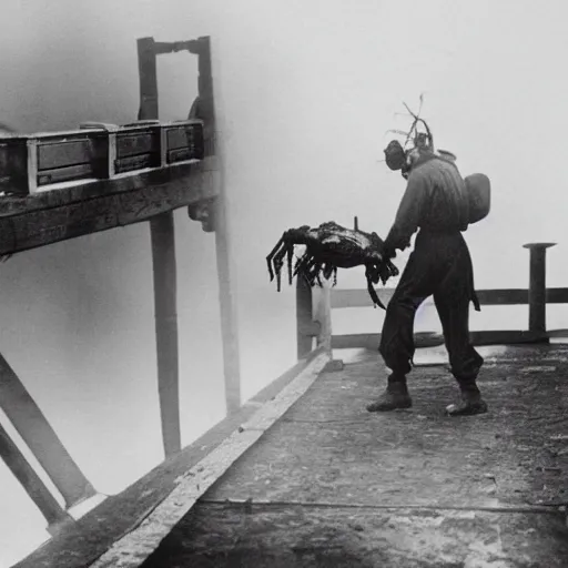 Prompt: old black and white photo, 1 9 1 3, depicting scientists in hazmat suits removing an alien biomechanical insect corpse on a bridge, historical record, volumetric fog