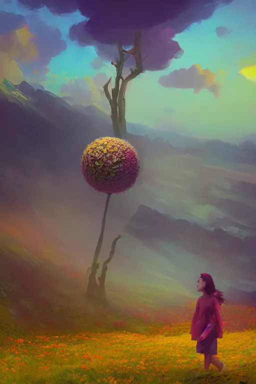 Prompt: giant daisy flower head, girl walking in the mountains, surreal photography, sunrise, dramatic light, impressionist painting, colorful clouds, digital painting, artstation, simon stalenhag