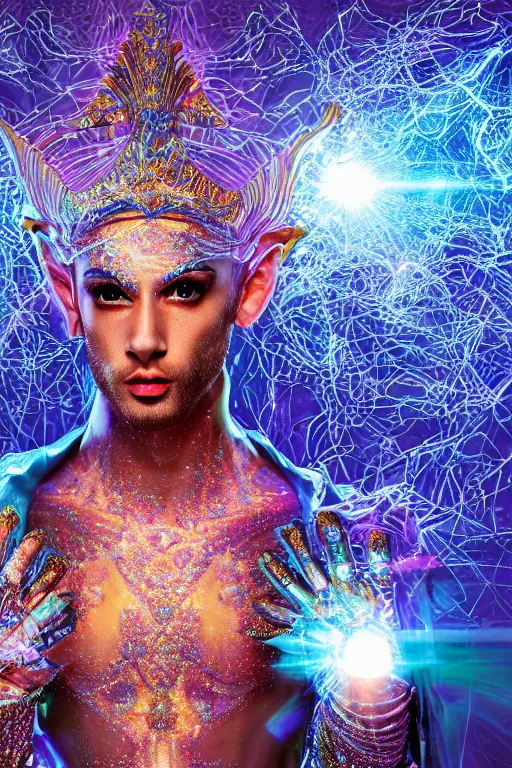 Image similar to hyper detailed ultra sharp portrait of baroque and bladerunner delicate neon diamond sculpture of seductive albino pharaoh zayn malik, diamond blue sphinx iridescent humanoid deity wearing metallic hoody made out of hands holding the sun prismatic dungeon, glowing blue face, crown of white diamonds, cinematic lighting, photorealistic, octane render 8 k depth of field 3 d