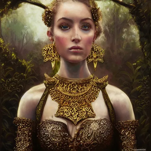 Prompt: oil painting of fantasy female warrior, symmetrical face, beautiful face, intricate jewellery, filigree armour, big earrings, shining eyes, crystals, covered in plants, standing in the mystical forest, realistic oil painting, baroque, renaissance painting, dramatic, cinematic light, trending on artstation, rule of thirds, highly detailed