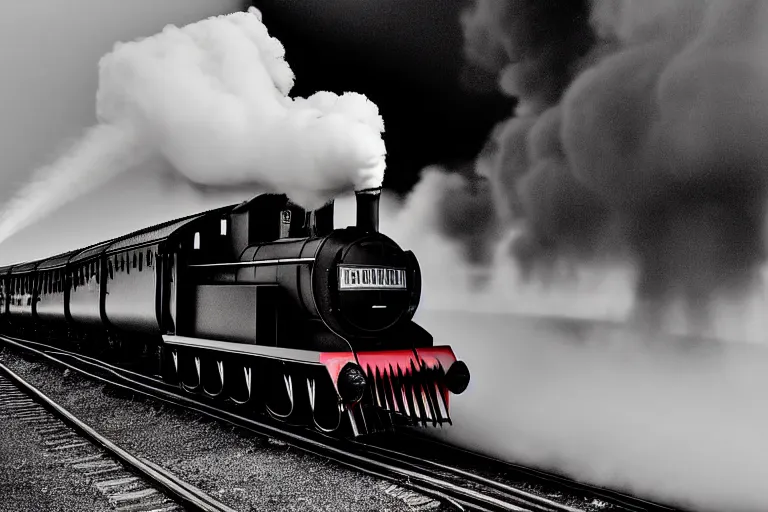 Image similar to black and white photograph of a sleek, futuristic steam locomotive thundering down the rails at high speed, cinematic, volumetric light, f 6 aperture, cinematic eastman 5 3 8 4 film