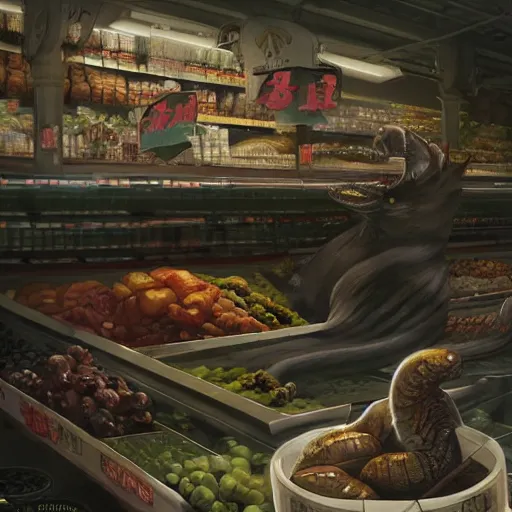 Prompt: digital painting of a super market grocery shopping elegant but deadly cat snake, cat snake serpent cat hybrid monster, by Greg Rutkowski, magic the gathering concept art, trending on artstation, 4k resolution, ((in a super market Costco))