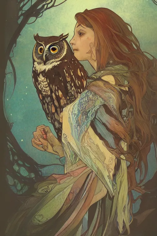 Image similar to owl, water color, D&D, fantasy, highly detailed, digital painting, artstation, concept art, matte, sharp focus, illustration, art by Ivan Gantschev and Alphonse Mucha