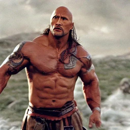 Image similar to Dwayne Johnson as viking , film still