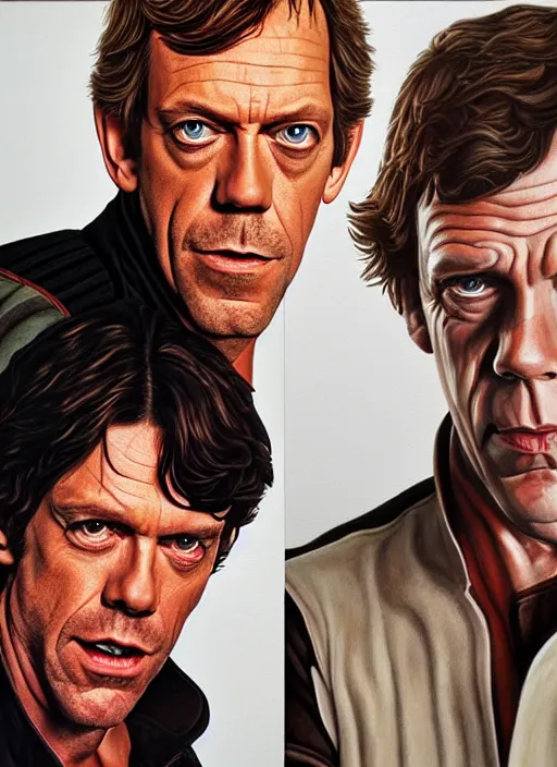 Image similar to portrait of hugh laurie as han solo in star wars, wearing han solos cloth, a black vest and white shirt, hyperrealistic, very detailed painting by glenn fabry, by joao ruas, by artgerm