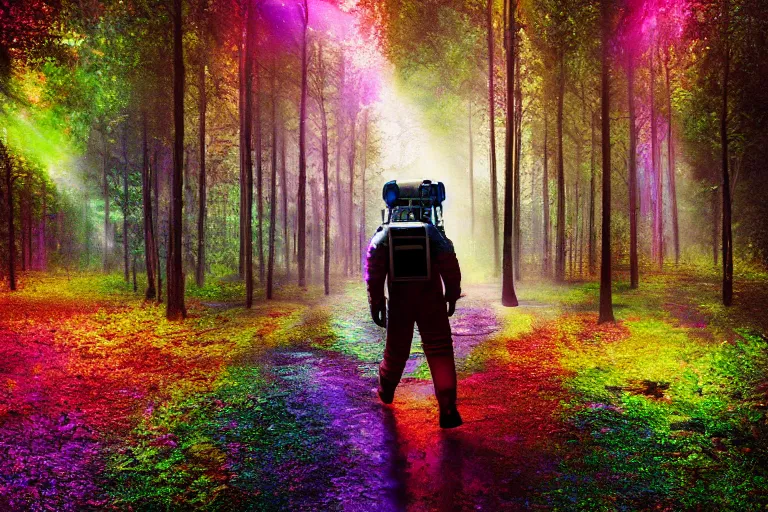 Prompt: Astronaut walking in a beautiful enchanted fantasy forest. Colorful. Cinematic lighting. Photorealism.