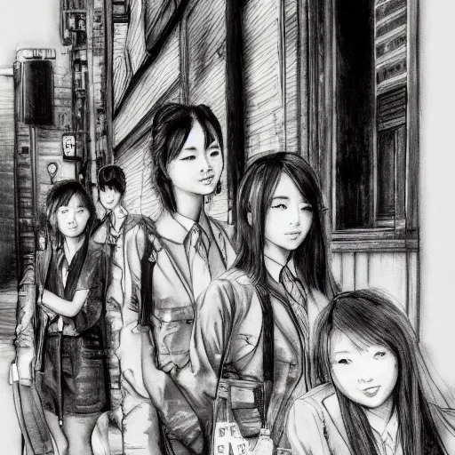 Image similar to a perfect, realistic professional digital sketch of a Japanese schoolgirls posing in a postcyberpunk alleyway, style of Marvel, full length, by pen and watercolor, by a professional American senior artist on ArtStation, a high-quality hollywood-style sketch, on high-quality paper