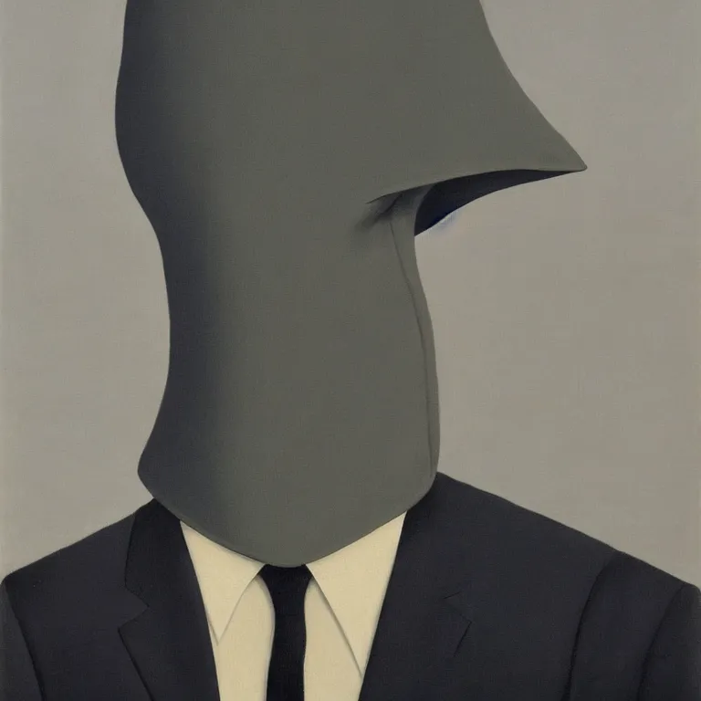 Image similar to portrait of a faceless hooded figure in a suit by rene magritte, detailed painting, distance, centered, hd, hq, high resolution, high detail, 4 k, 8 k