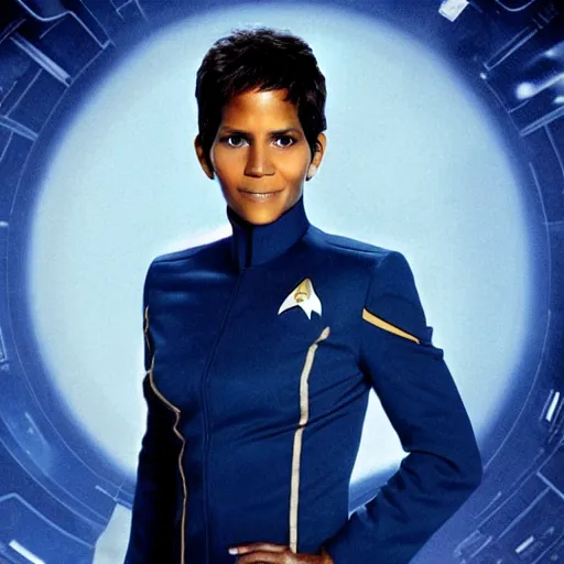 Prompt: a beautiful full body photograph of halle berry as a star fleet admiral from star trek next generation, full dress uniform, symmetrical face, extreme realism and detail, 8 k, completely framed, direct lighting, 3 5 mm photo, photorealistic, sharp focus