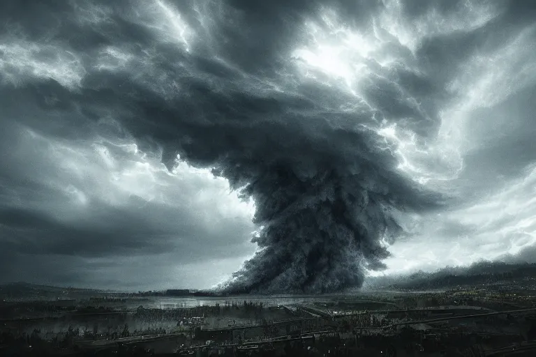 Image similar to photo of monstrous tornado, night, backlit, hyperdetailed artstation