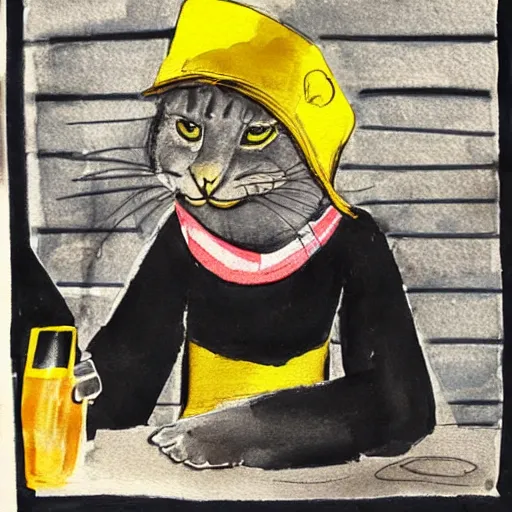 Image similar to a cat wearing a black bucket hat and a black and yellow striped scarf drinking a beer at an outdoor pub in stockholm, children\'s book drawing watercolor