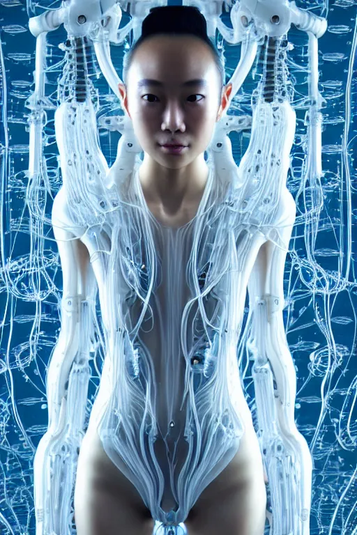 Image similar to young asian woman, iris van herpen, beautiful face, perfect symmetrical body, full body shot, inflateble shapes, wires, tubes, veins, jellyfish, white biomechanical details, wearing epic bionic cyborg implants, masterpiece, intricate, biopunk, vogue, highly detailed, artstation, concept art, cyberpunk, octane render