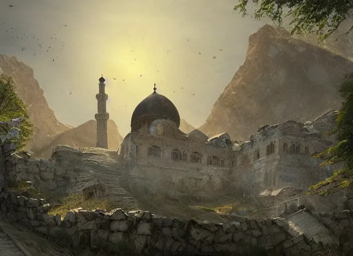 Prompt: Abandoned Hazratbal mosque in mountains of Kashmir, a fantasy digital painting by Greg Rutkowski and James Gurney, trending on Artstation, highly detailed