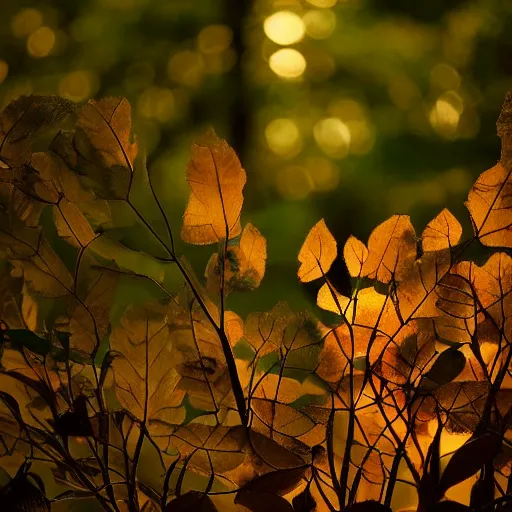 Image similar to animals made of leaves trees and vines, sunset magic hour backlit photography, bokeh